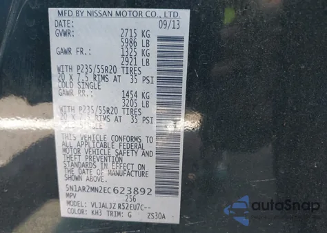 2014 Nissan Pathfinder Platinum from USA, damaged, VIN 5N1AR2MN2EC623892